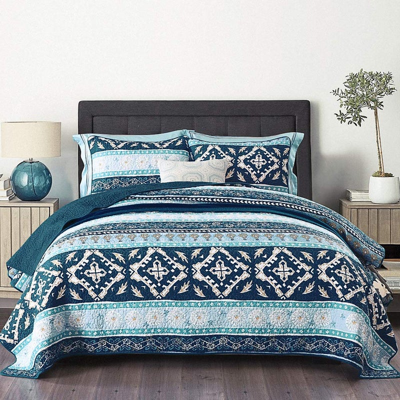 NEWLAKE Cotton Bedspread Quilt Sets-Reversible Patchwork Coverlet Set, Boho Chic Pattern,Twin Size - Image 1